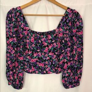 Zara Floral Blouse with Pink and Purple Blooms   Size S